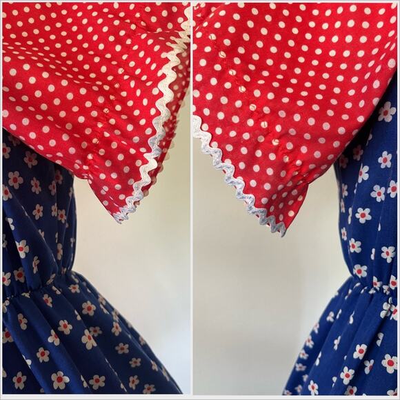 Vintage 70s Peasant Ric Rac Blue Red Maxi Dress Prairie Ditsy // Size Medium - Picture 6 of 6